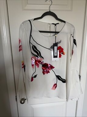 Kobi Halperin Cream Blouse with Red and Pink Sequin Floral Embellishment